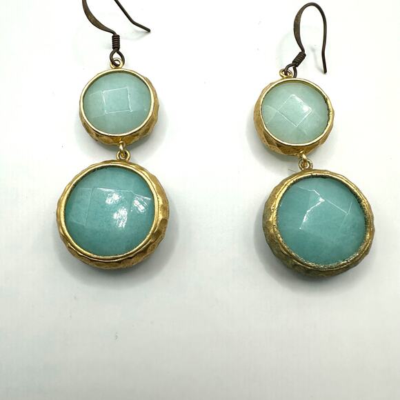 Unbranded Pierced Earrings Teal Green Gold Faceted Drop Dangle Summer Round - Picture 7 of 7